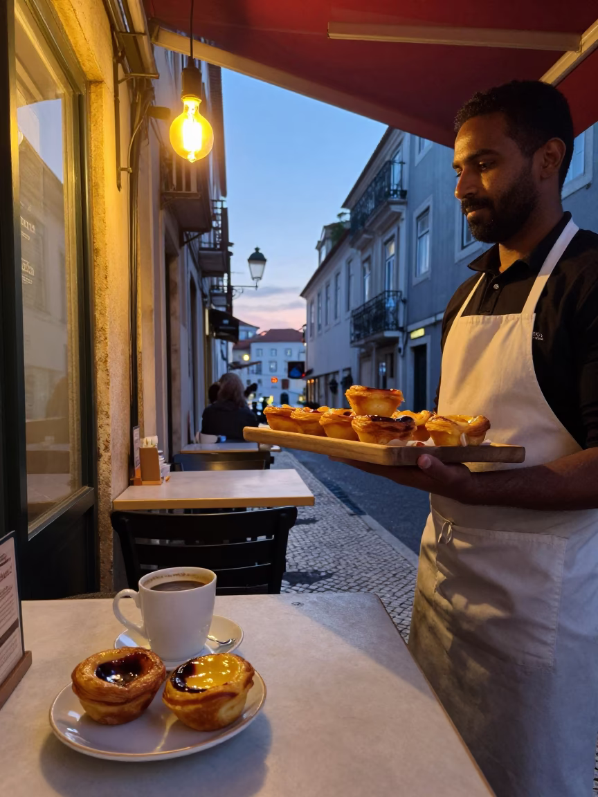 Early Morning Pastel de Nata and Coffee at a Lisbon Tasca Before Dawn in in Lisbon, Portugal
