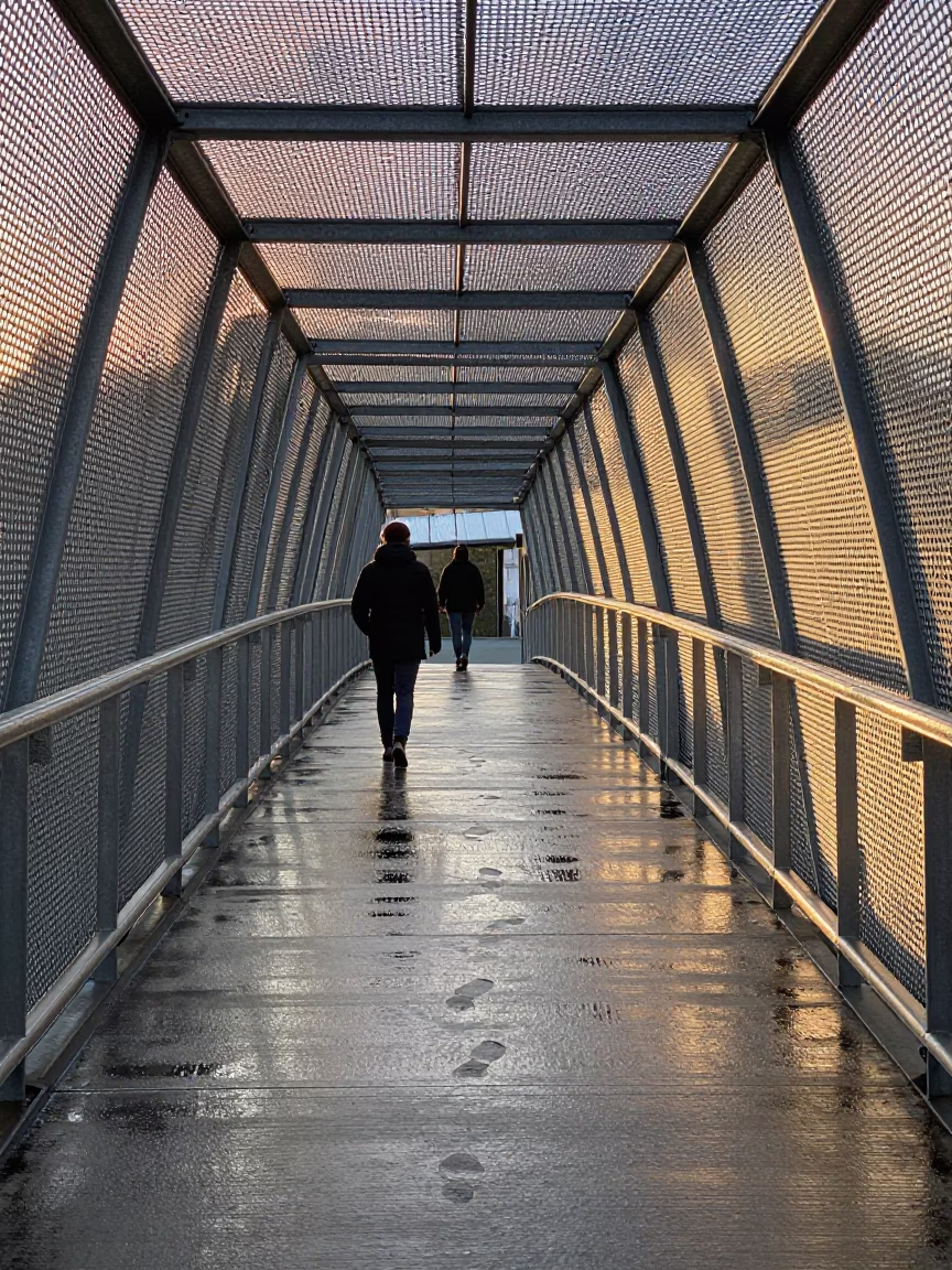 Early Morning Pedestrian Overpass in Christchurch with Perforated Metal and Wet Footsteps in in Christchurch, New Zealand