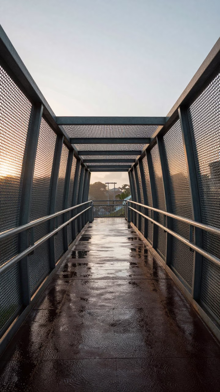 Early Morning Pedestrian Overpass with Perforated Metal in Durban South Africa Wet Footsteps in in Durban, South Africa