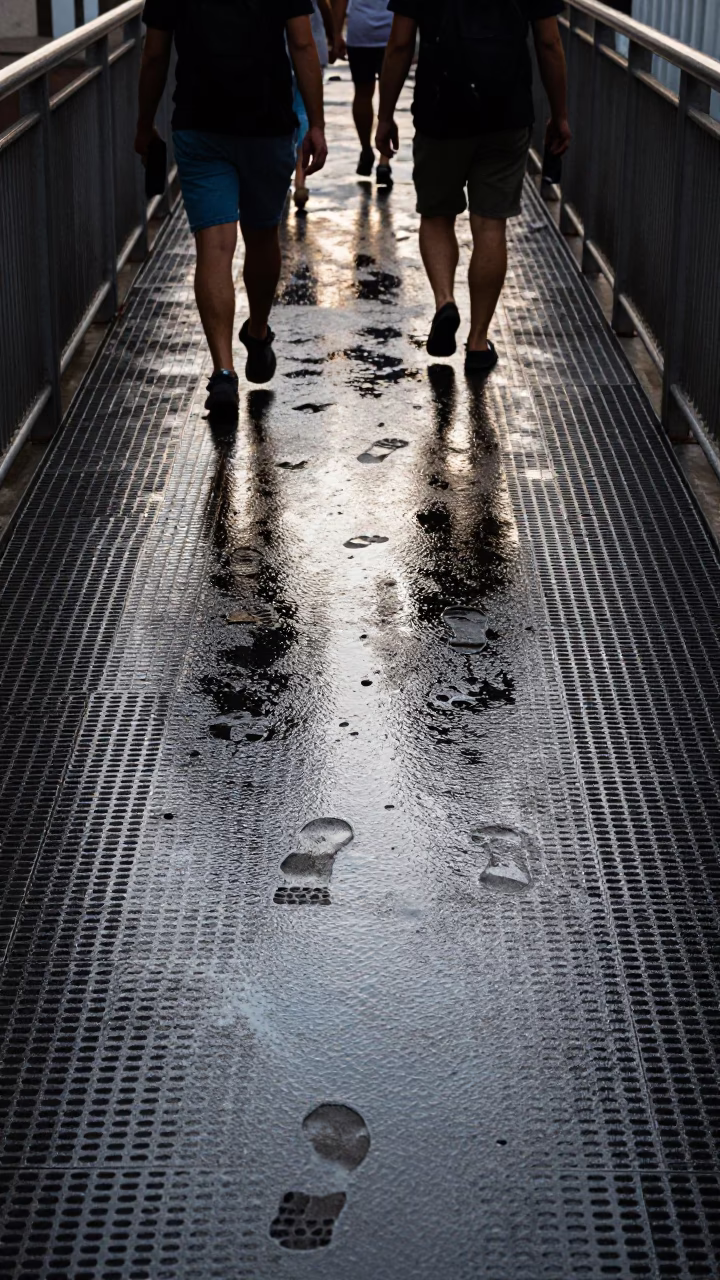 Early Morning Pedestrian Overpass with Wet Footsteps in São Paulo Brazil in in São Paulo, Brazil