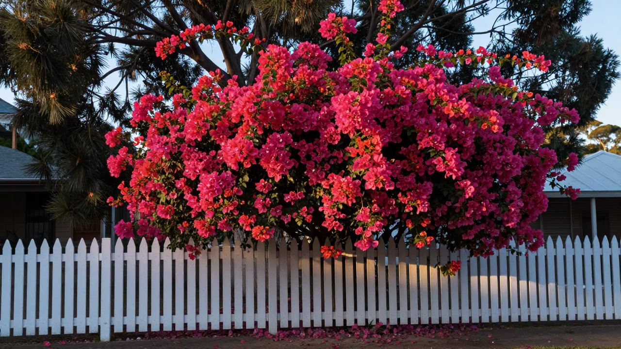 Early Morning Perth Garden Scene With Bougainvillea And Copper Pots in in Perth, Western Australia, Australia