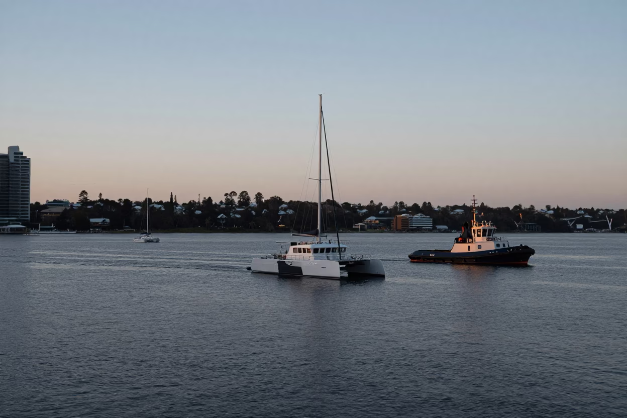 Early Morning Perth Harbor Scene with Catamaran and Tugboat in Cool Pre-Sunrise Light in in Perth, Western Australia, Australia