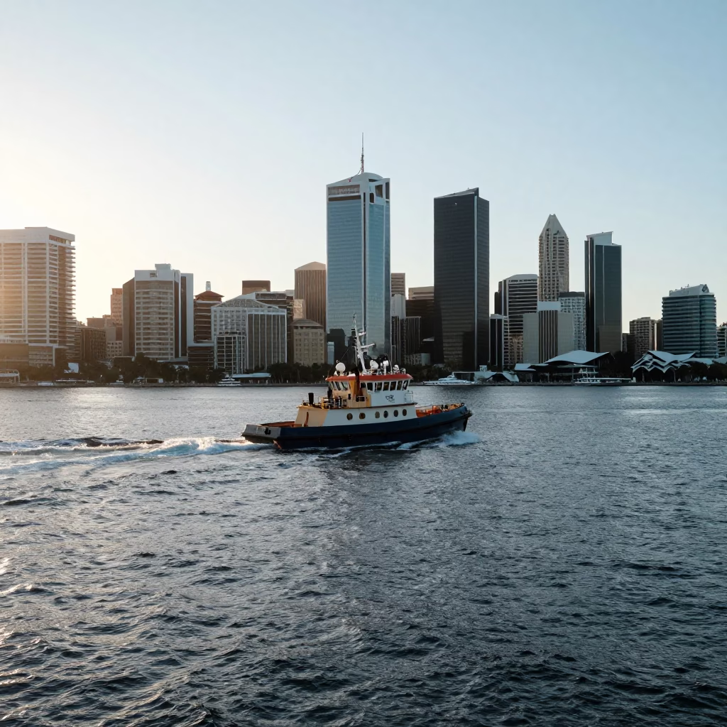 Early Morning Perth Harbor Scene with Pilot Boat Navigating Choppy Waters Near Construction Site in in Perth, Western Australia, Australia