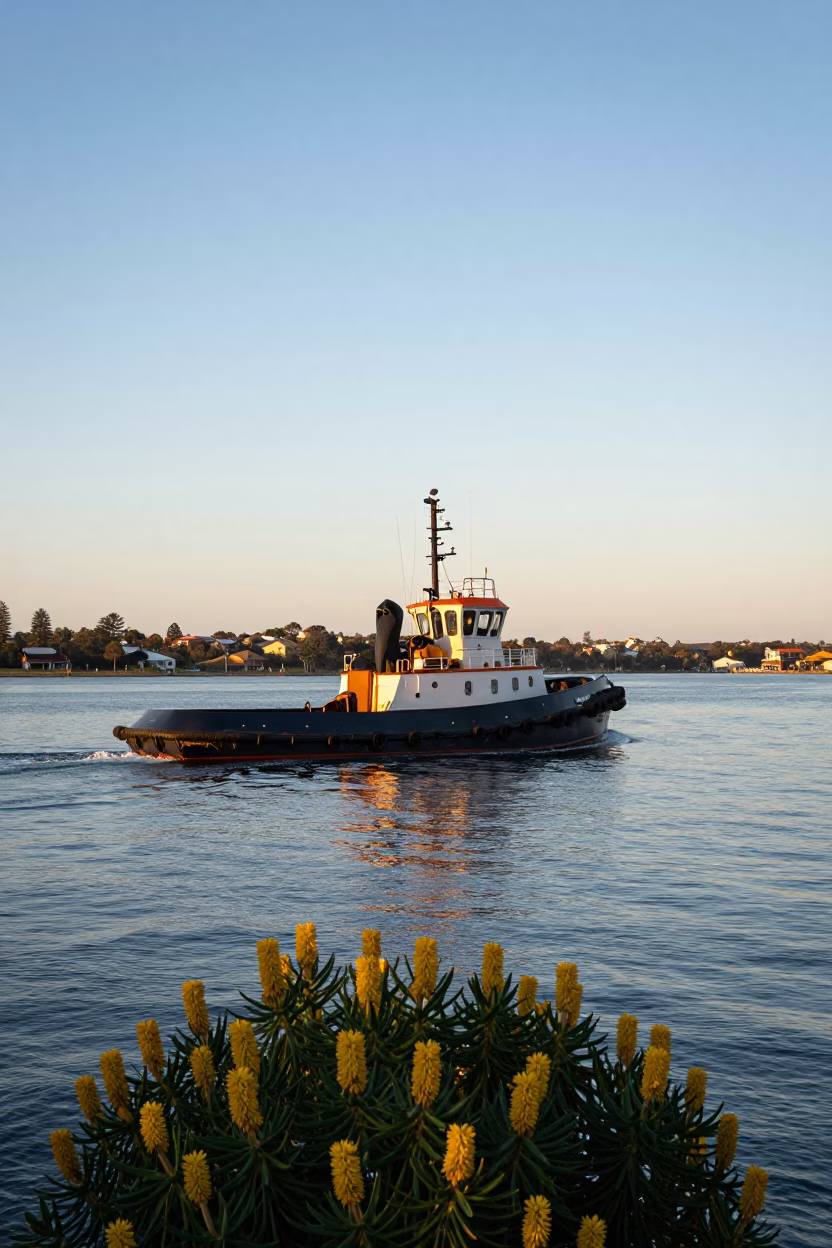 Early Morning Perth Harbor Scene with Tugboat and Euphorbia Tree in Western Australia in in Perth, Western Australia, Australia