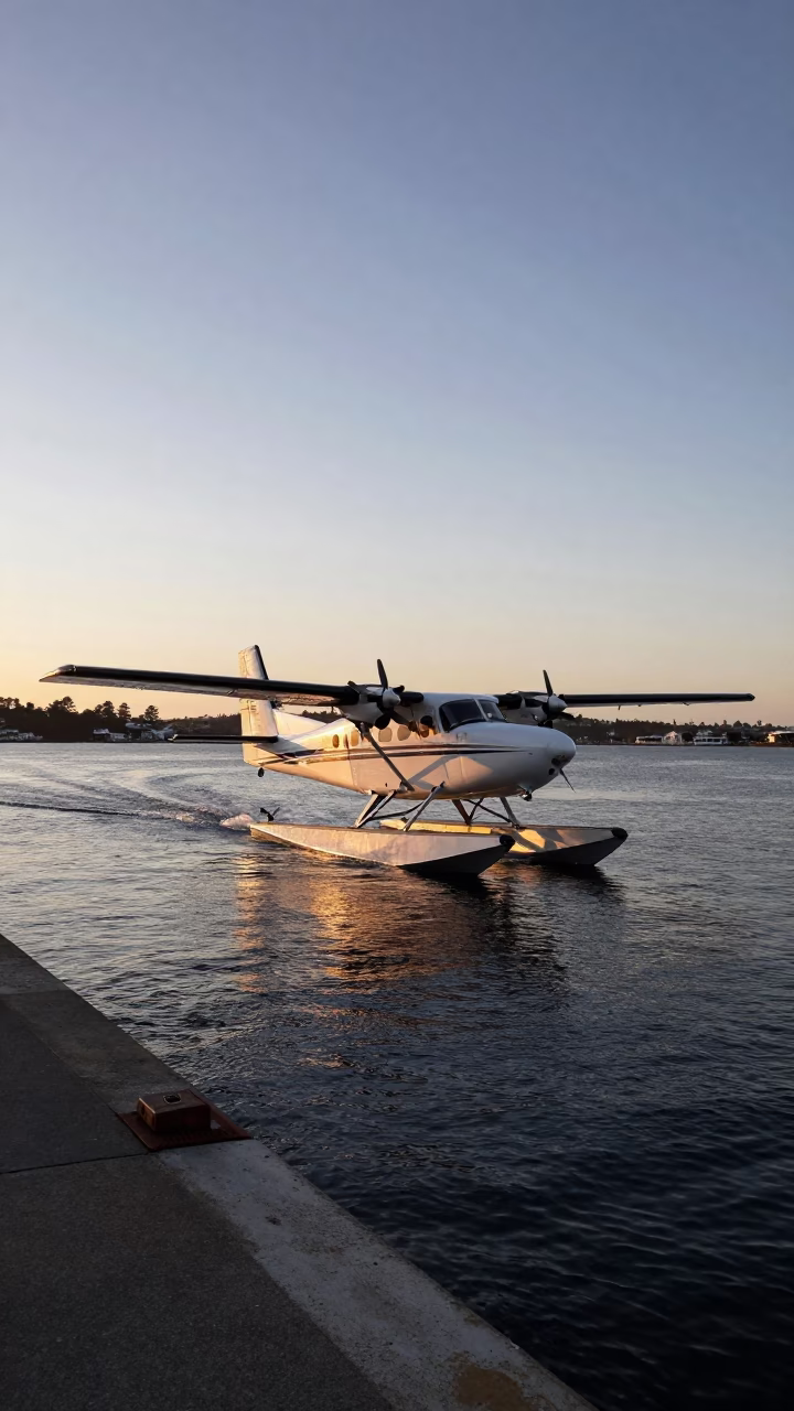 Early Morning Perth Harbor Seaplane Landing at Nautical Dawn in in Perth, Western Australia, Australia