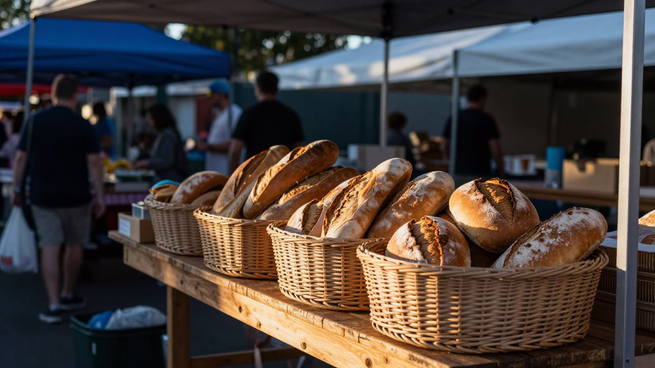Early Morning Perth Market Stall with Woven Bread Basket and Lamingtons Before Sunrise in in Perth, Western Australia, Australia