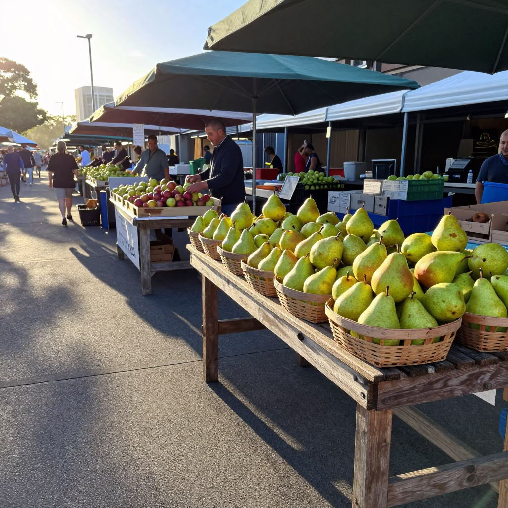 Early Morning Perth Market Stalls with Rustic Pears and Turquoise Painted Wood in in Perth, Western Australia, Australia
