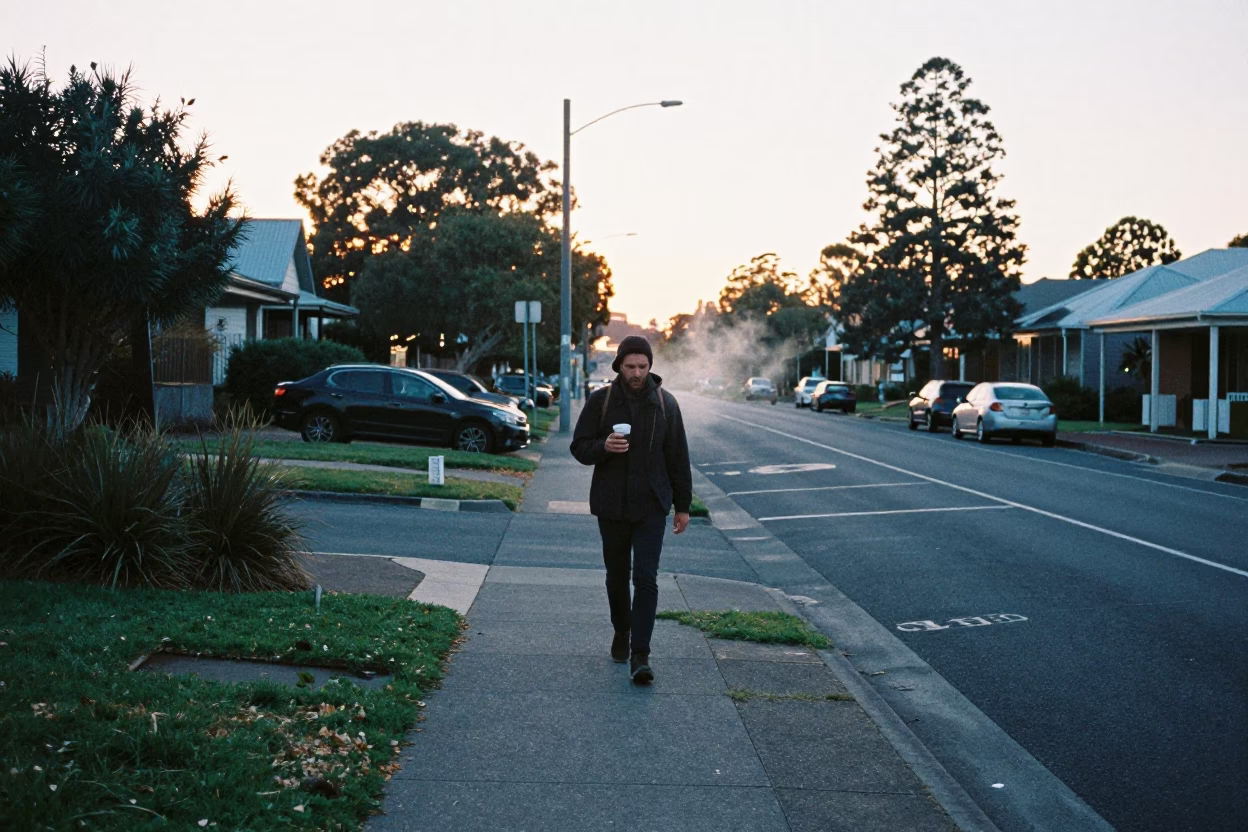 Early Morning Perth Street Scene with Coffee Cup and Bottle Before Sunrise in in Perth, Western Australia, Australia
