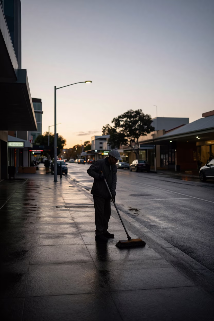 Early Morning Perth Street Scene with Dust Mop and Straw Hat Before Dawn in in Perth, Western Australia, Australia