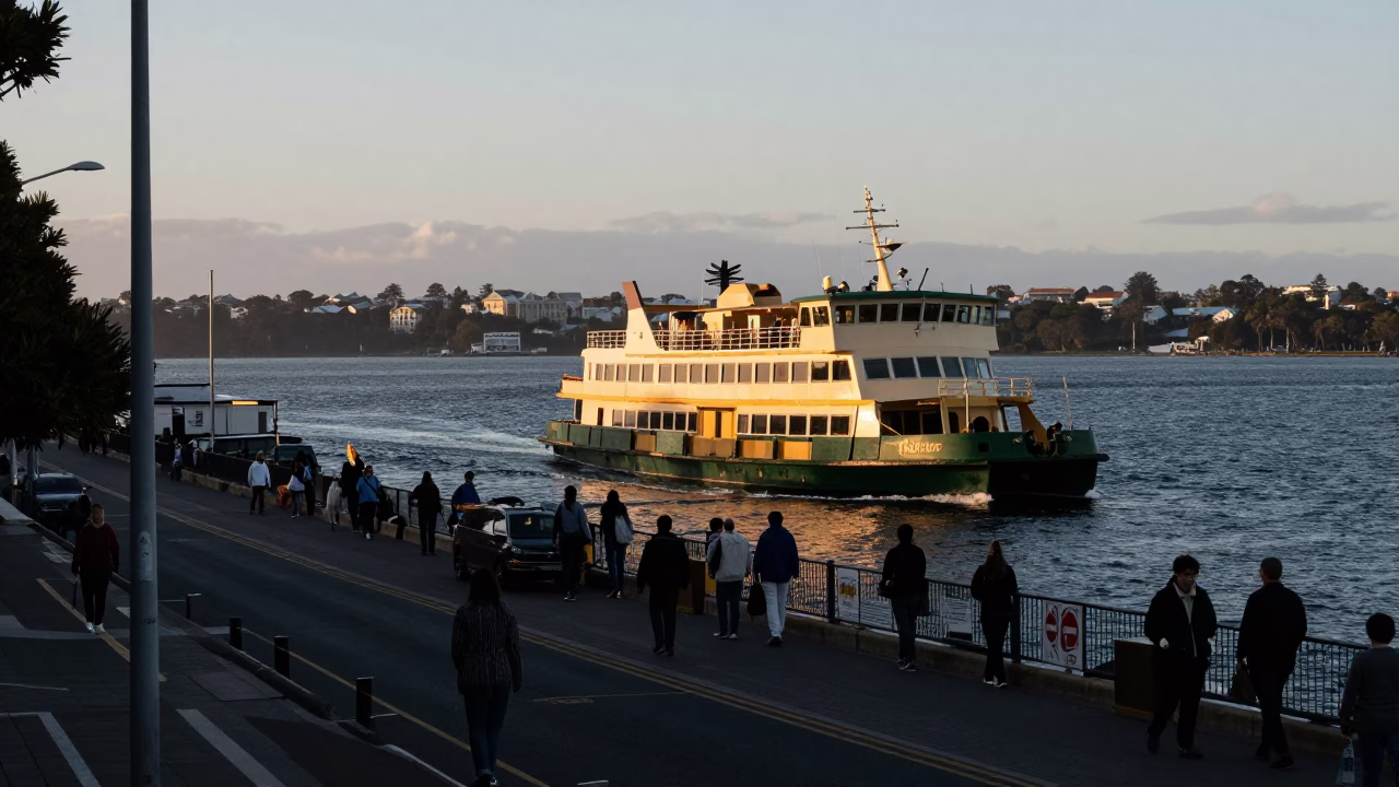 Early Morning Perth Street Scene with Ferry and Local Market Stalls in in Perth, Western Australia, Australia