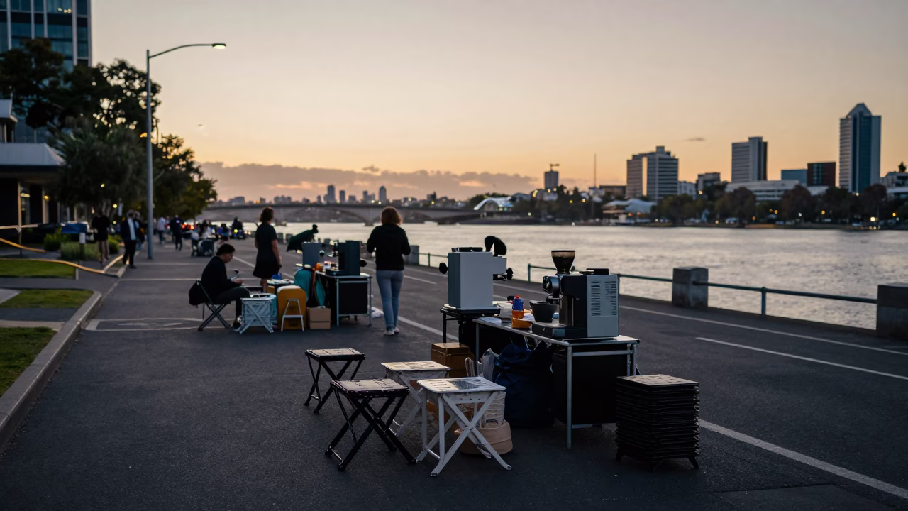 Early Morning Perth Street Scene with Folding Stools and Local Coffee Culture in in Perth, Western Australia, Australia