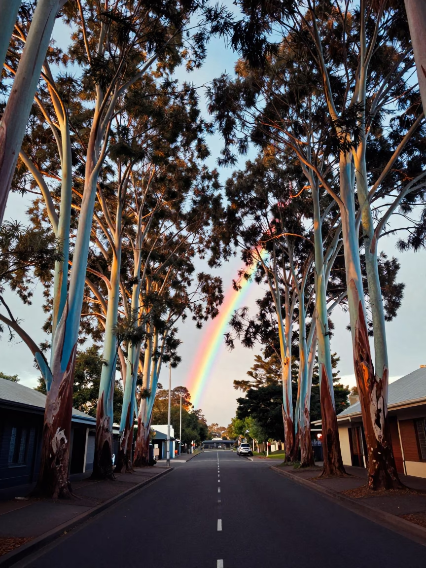 Early Morning Perth Street Scene with Rainbow Eucalyptus and Morning Coffee in in Perth, Western Australia, Australia