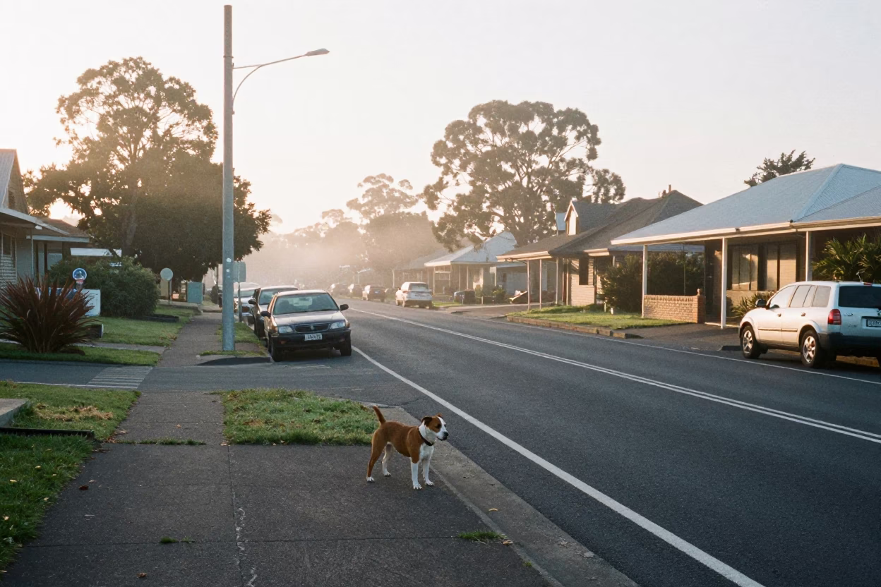 Early Morning Perth Street Scene with Staffordshire Bull Terrier Walking Past Vintage 1990s Cars in in Perth, Western Australia, Australia