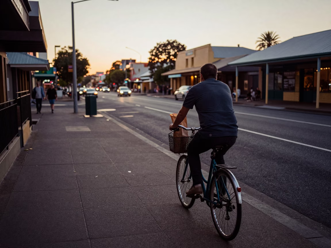 Early Morning Perth Street Scene with Vintage Bicycle and Local Bakery Sign in in Perth, Western Australia, Australia
