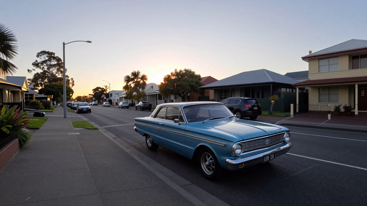 Early Morning Perth Street Scene with Vintage Car and Local Pedestrians in in Perth, Western Australia, Australia