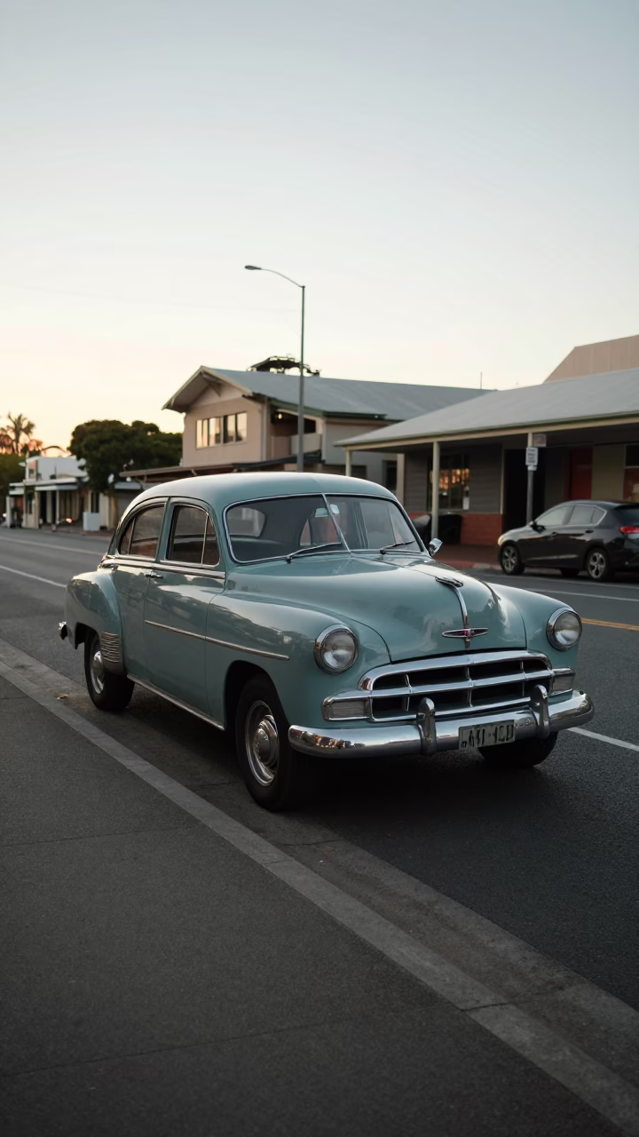 Early Morning Perth Street Scene with Vintage Car and Local Shopfront in in Perth, Western Australia, Australia