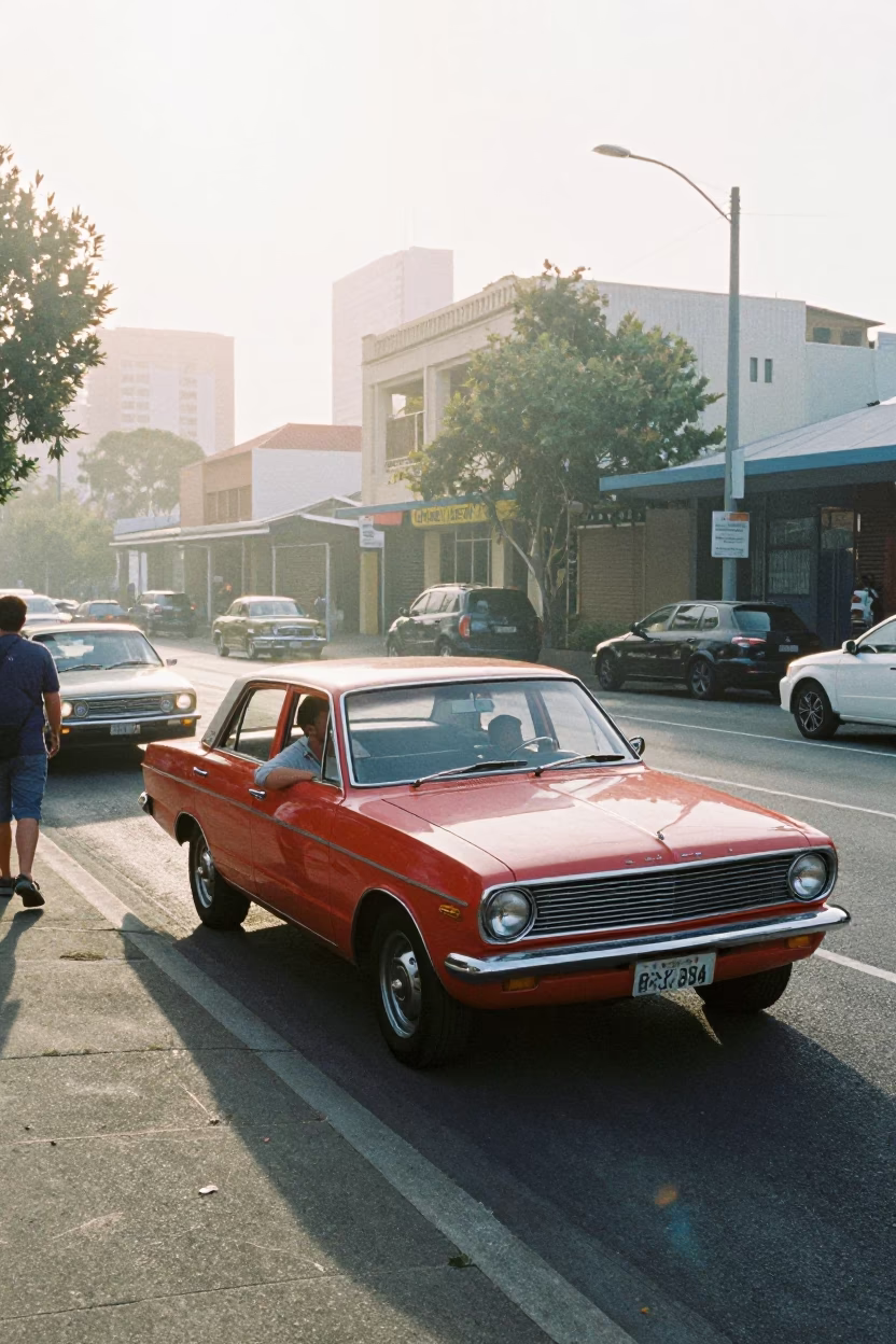 Early Morning Perth Street Scene with Vintage Cars and Local Pedestrians in Western Australia in in Perth, Western Australia, Australia