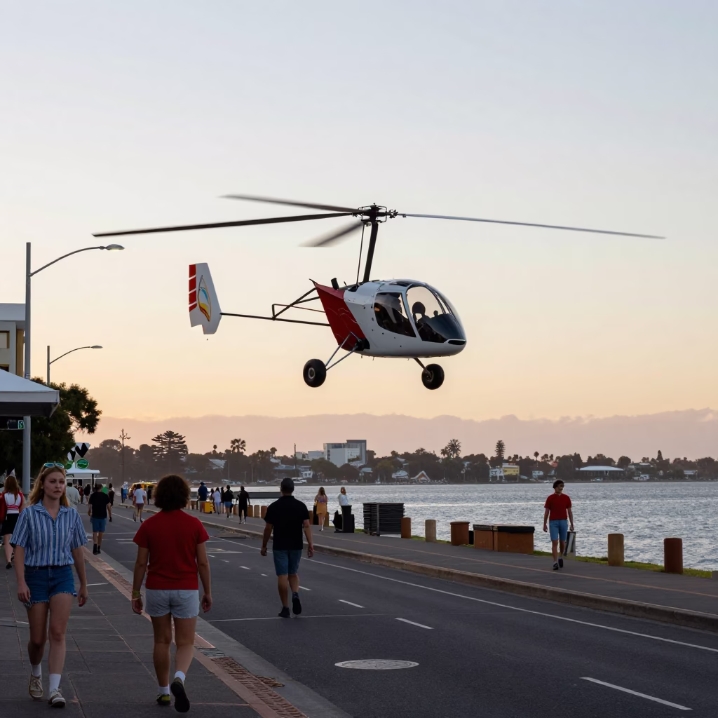 Early Morning Perth Street Scene with Vintage Gyrocopter and Local Life in in Perth, Western Australia, Australia