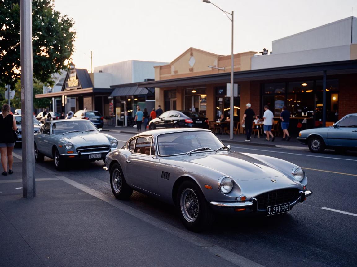 Early Morning Perth Street Scene with Vintage Sports Car and Local Interaction in in Perth, Western Australia, Australia