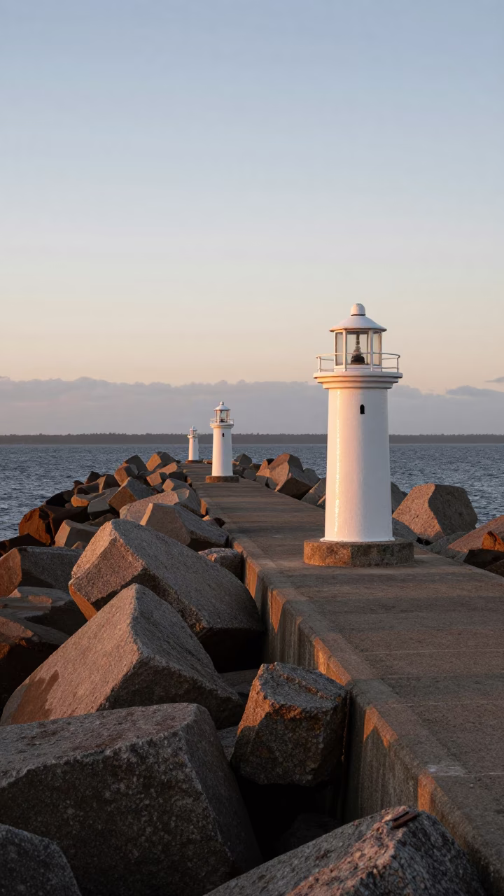 Early Morning Perth Western Australia Coastal Breakwater Warning Beacons in in Perth, Western Australia, Australia