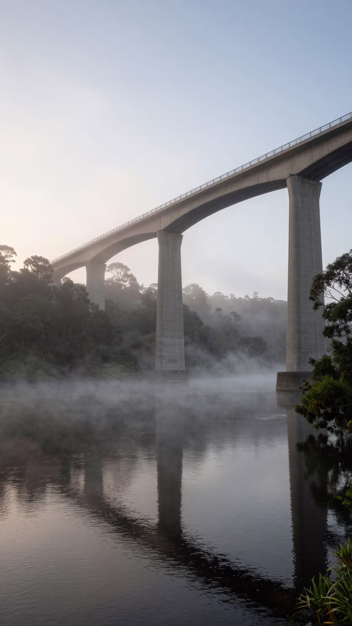 Early Morning Perth Western Australia River Scene with Mist and Concrete Viaduct in in Perth, Western Australia, Australia