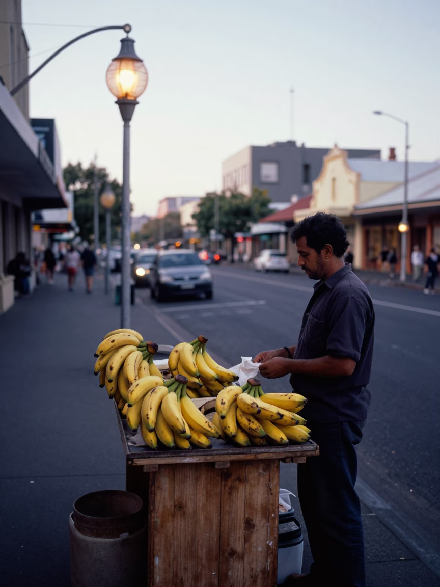 Early Morning Perth Western Australia Street Scene with Lantern and Bananas at Local Market in in Perth, Western Australia, Australia