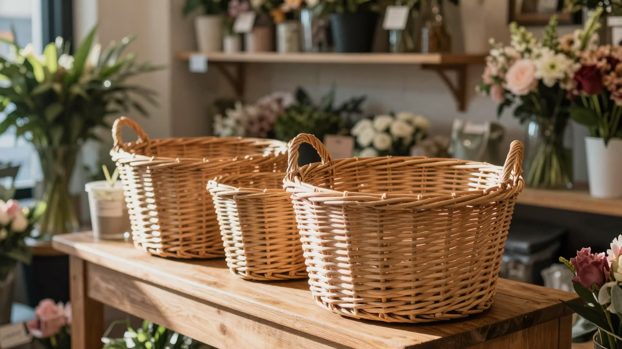 Early Morning Philadelphia Florist Shop Interior with Wicker Basket and Coaster in in Philadelphia, Pennsylvania, United States