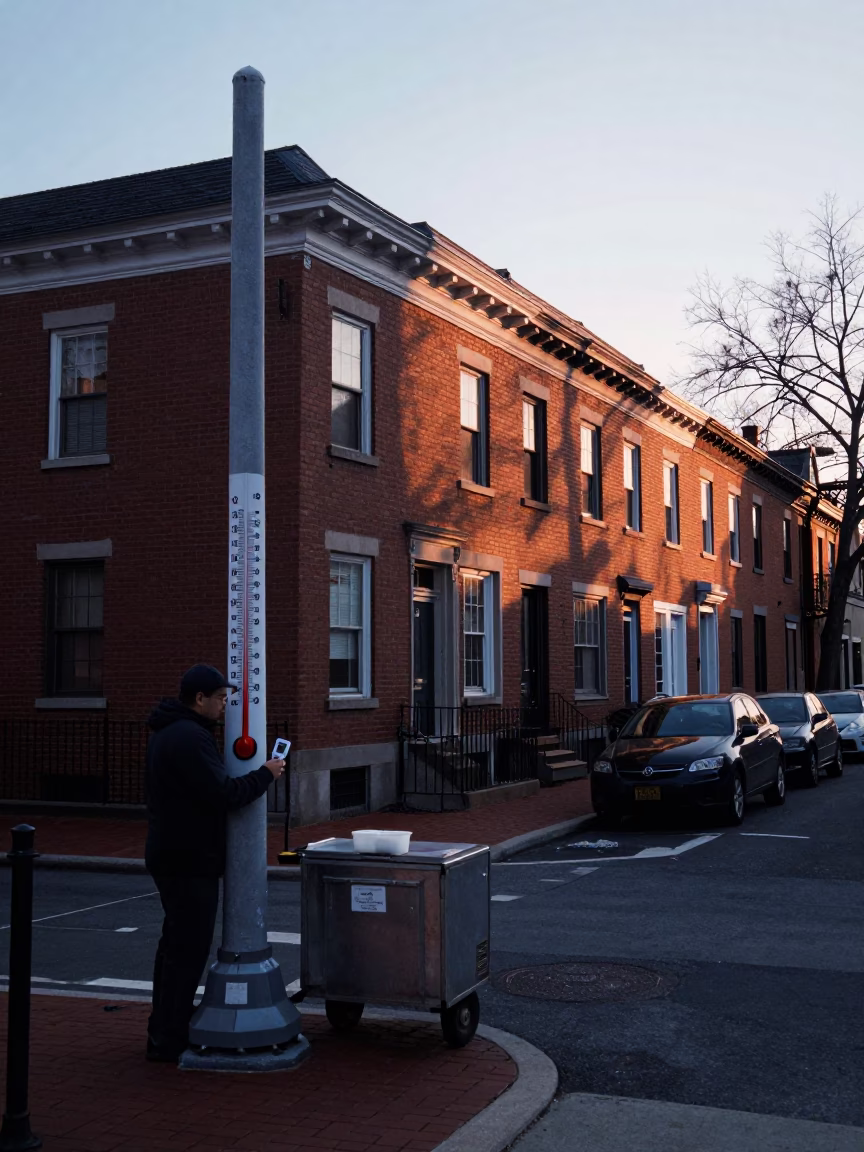 Early Morning Philadelphia Street Scene Before Sunrise with Thermometer and Crayon Box in in Philadelphia, Pennsylvania, United States