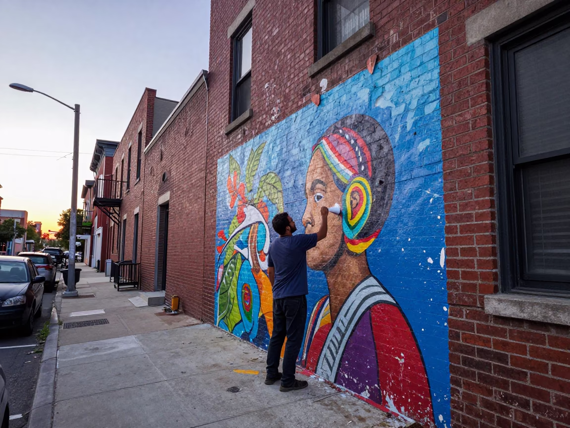 Early Morning Philadelphia Street Scene with Artist Painting Mural in Pennsylvania in in Philadelphia, Pennsylvania, United States