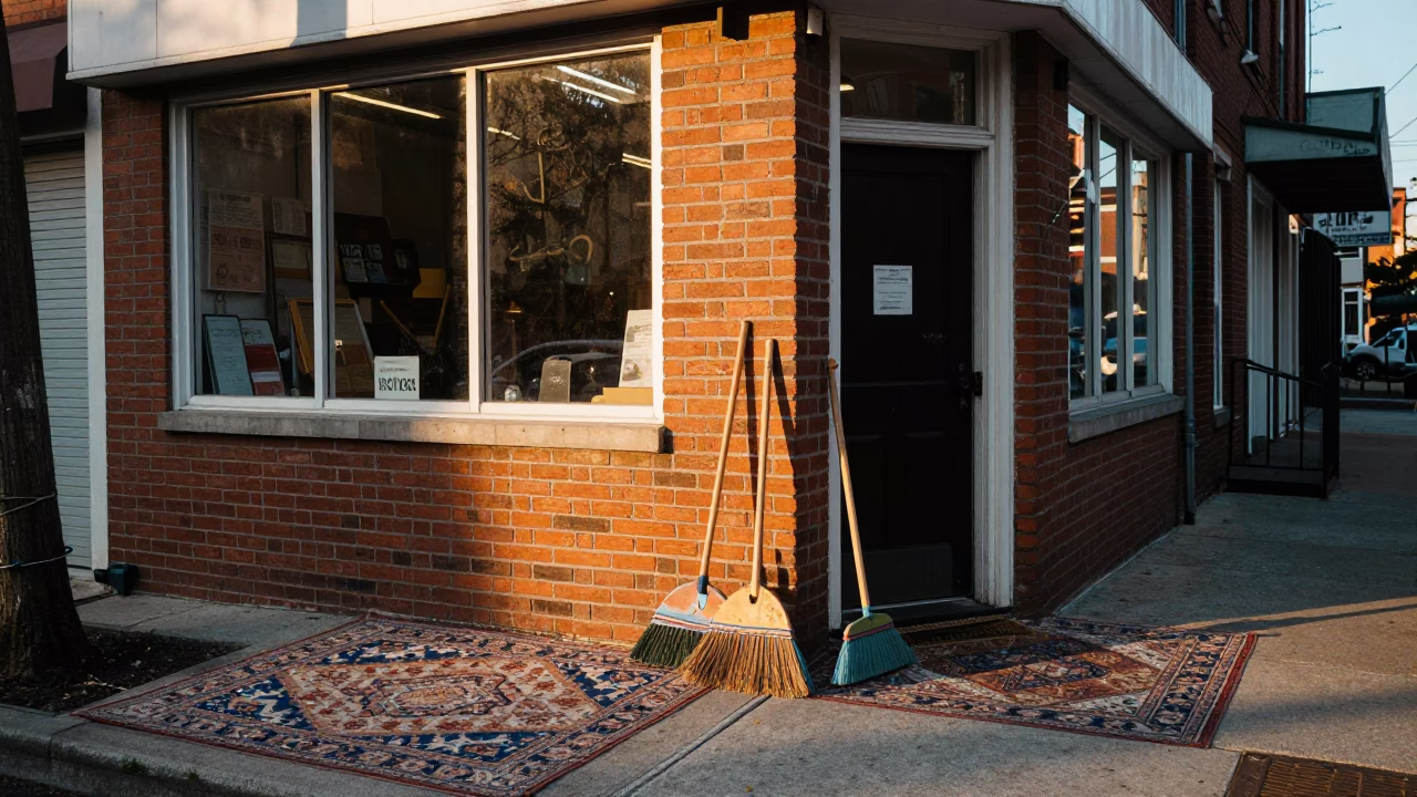 Early Morning Philadelphia Street Scene with Brooms and Patterned Rug in in Philadelphia, Pennsylvania, United States