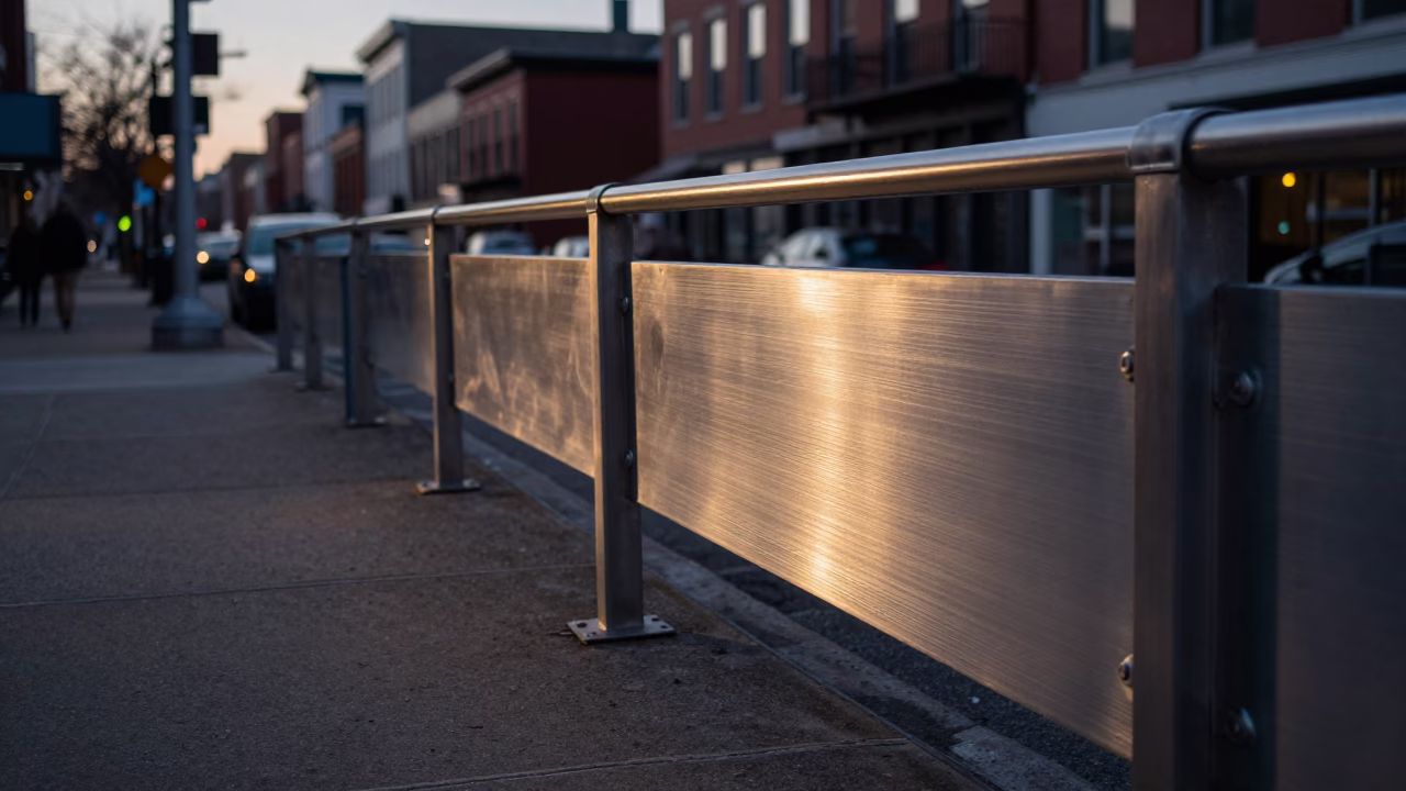 Early Morning Philadelphia Street Scene with Brushed Steel Rail and Urban Infrastructure Before Dawn in in Philadelphia, Pennsylvania, United States