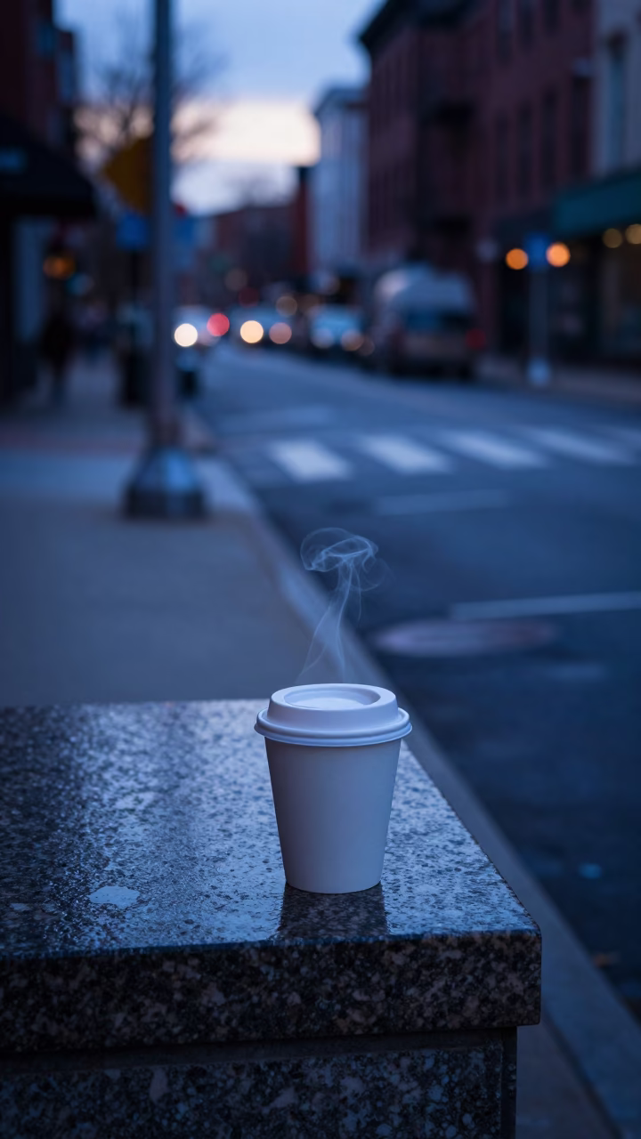 Early Morning Philadelphia Street Scene with Coffee Cup and Urban Architecture in in Philadelphia, Pennsylvania, United States