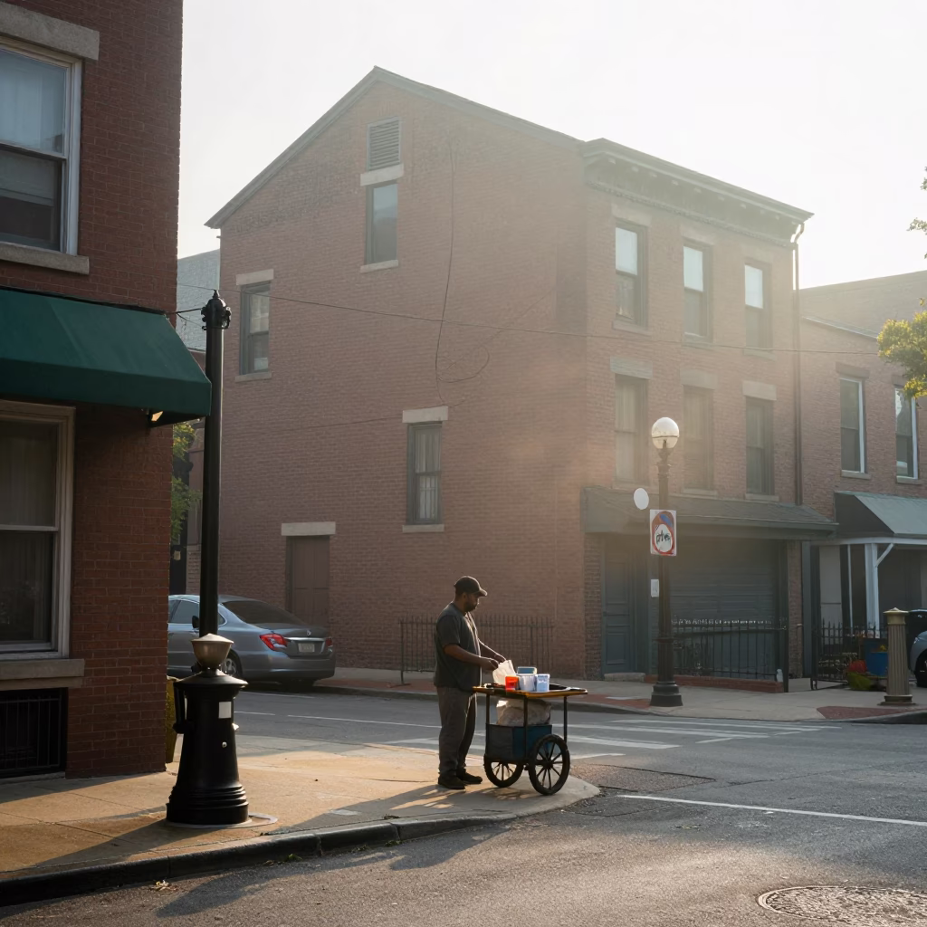 Early Morning Philadelphia Street Scene with Coffee Grinder and Sketchbook in in Philadelphia, Pennsylvania, United States