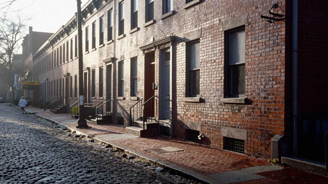 Early Morning Philadelphia Street Scene with Condensation on Brick Wall and Glass Bottle in in Philadelphia, Pennsylvania, United States