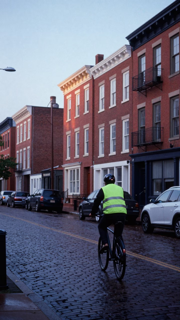 Early Morning Philadelphia Street Scene with Cyclist and Urban Architecture in in Philadelphia, Pennsylvania, United States
