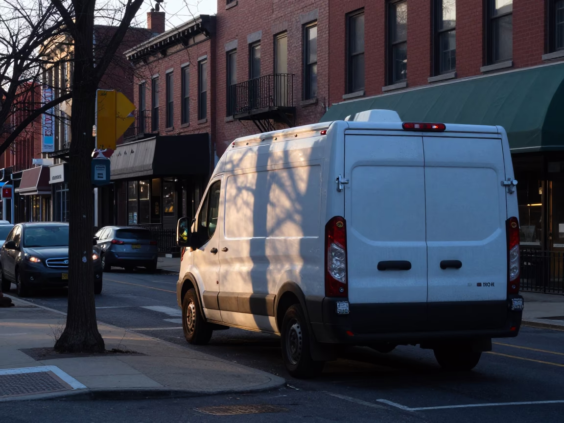 Early Morning Philadelphia Street Scene with Delivery Truck and Urban Architecture in in Philadelphia, Pennsylvania, United States