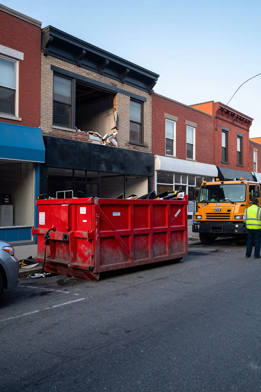 Early Morning Philadelphia Street Scene with Demolition Dumpster and Urban Decay in in Philadelphia, Pennsylvania, United States