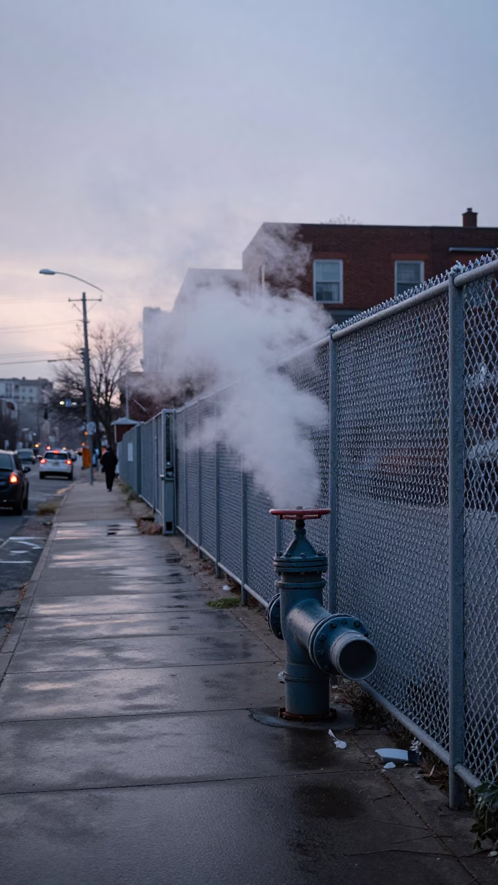 Early Morning Philadelphia Street Scene with District Heating Pipe and Urban Infrastructure in in Philadelphia, Pennsylvania, United States