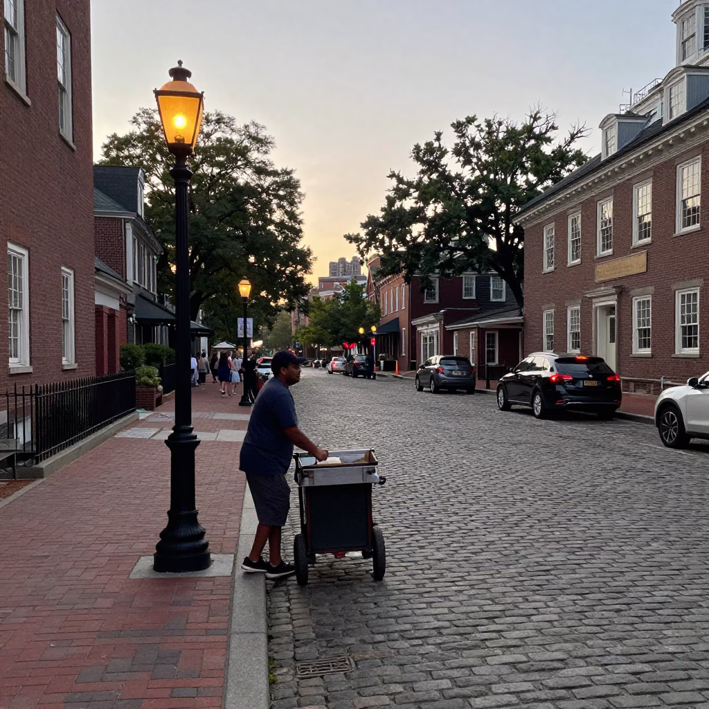 Early Morning Philadelphia Street Scene with Lantern and Urban Details in in Philadelphia, Pennsylvania, United States