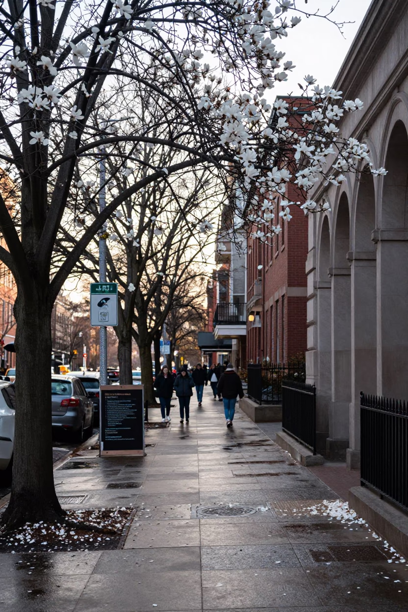 Early Morning Philadelphia Street Scene with Magnolia Tree and University Arcade in in Philadelphia, Pennsylvania, United States