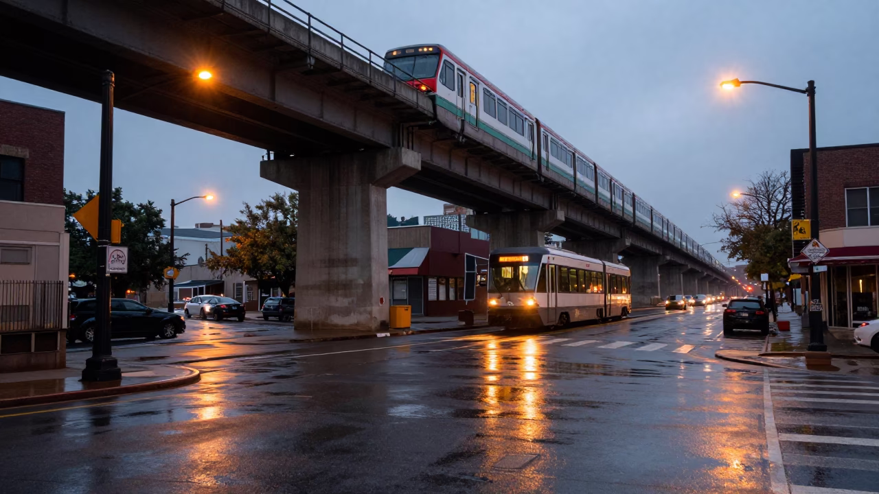 Early Morning Philadelphia Street Scene with Monorail Reflection and Urban Life Before Sunrise in in Philadelphia, Pennsylvania, United States