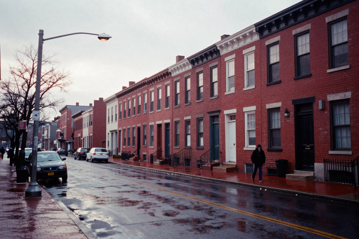 Early Morning Philadelphia Street Scene with Red Brick Row Houses and Wet Pavement Reflections in in Philadelphia, Pennsylvania, United States