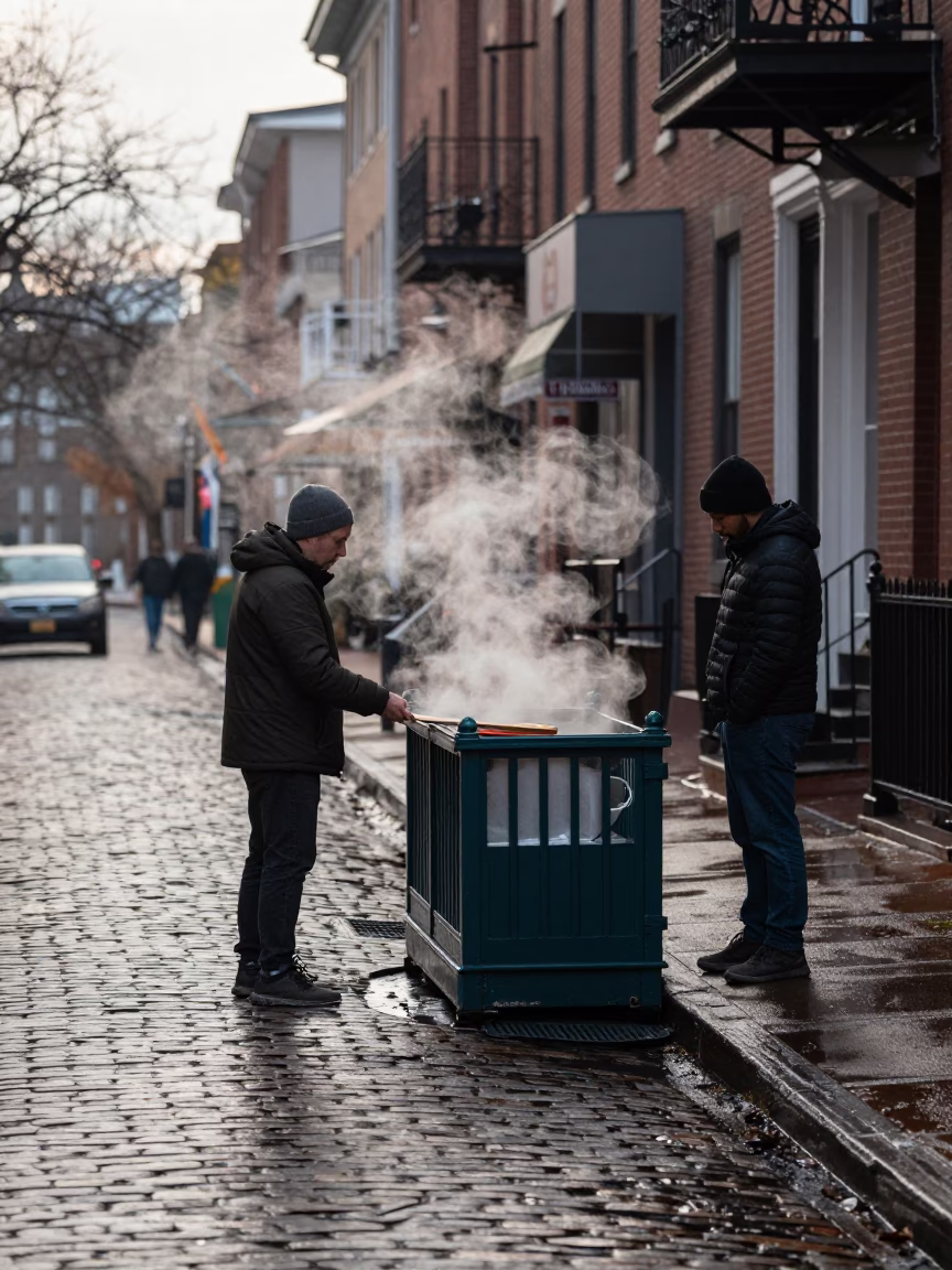 Early Morning Philadelphia Street Scene with Sidewalk Vendor and Urban Elements in in Philadelphia, Pennsylvania, United States