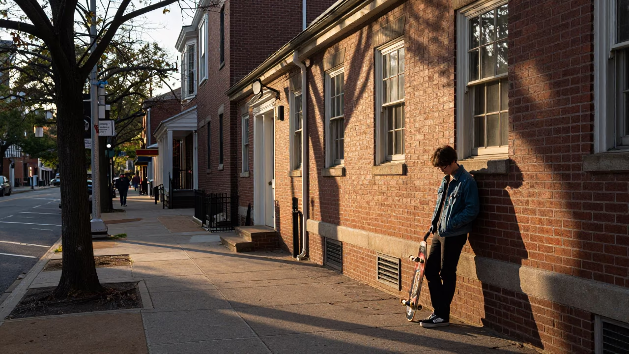 Early Morning Philadelphia Street Scene with Skateboard and Urban Detail in in Philadelphia, Pennsylvania, United States