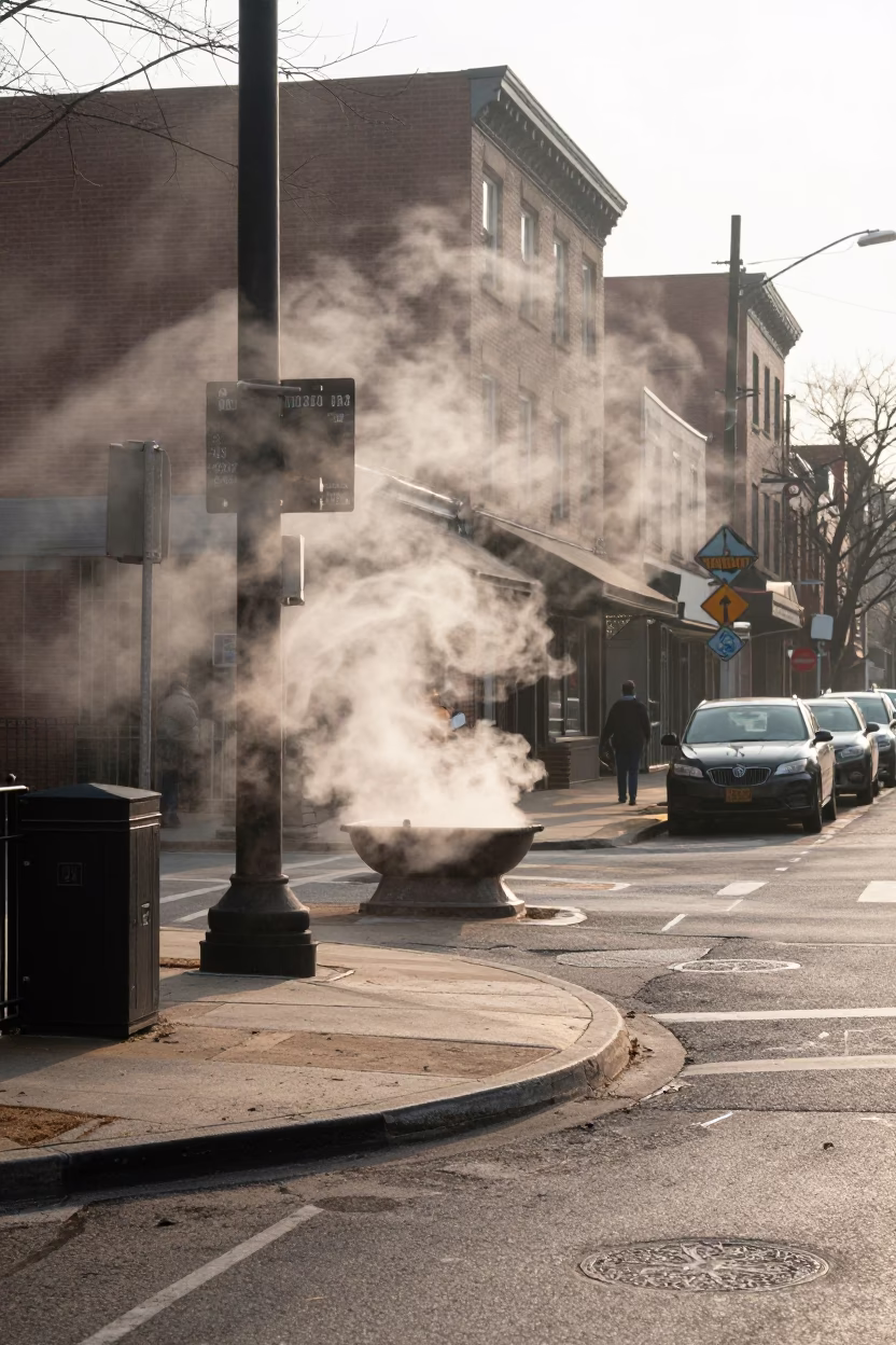 Early Morning Philadelphia Street Scene with Steam Haze and Urban Architecture in in Philadelphia, Pennsylvania, United States