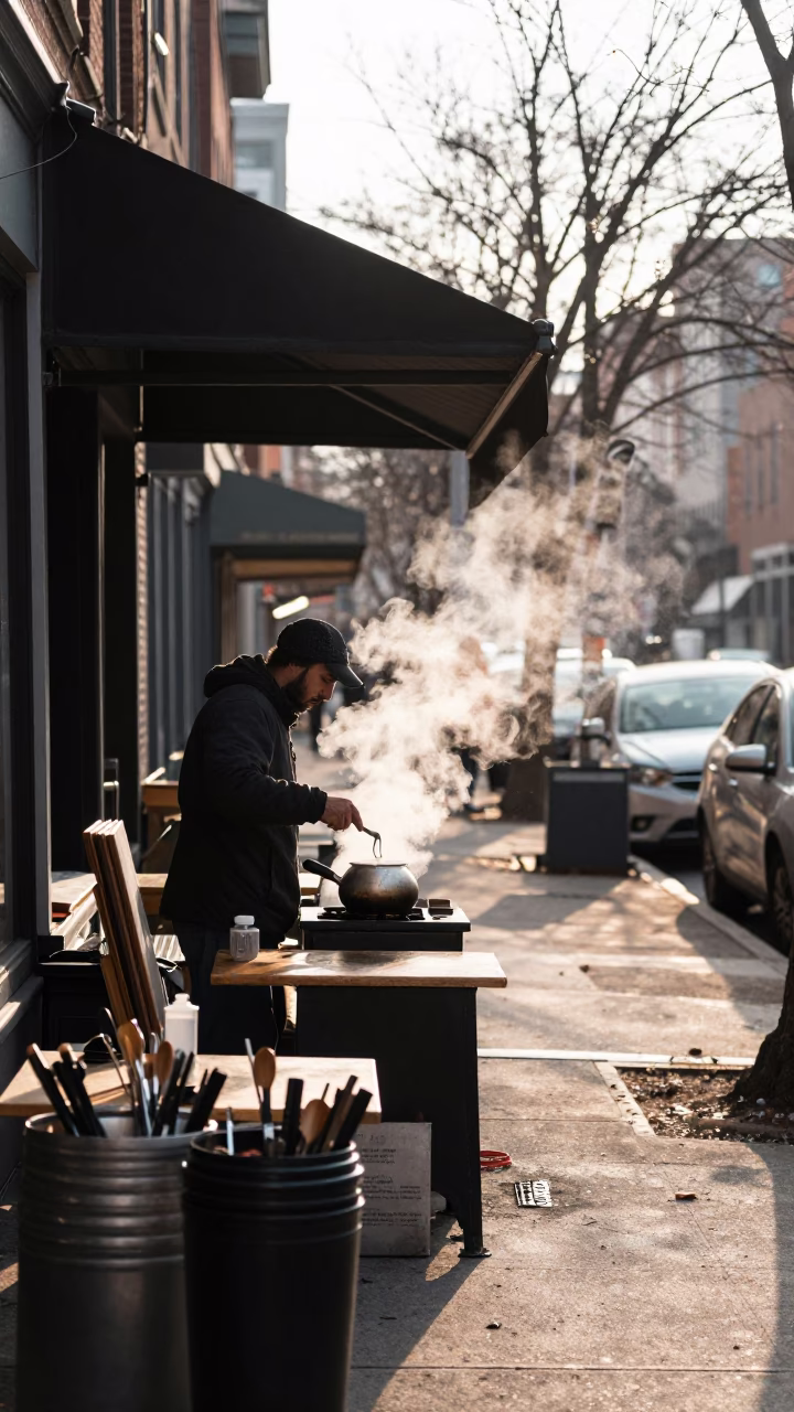 Early Morning Philadelphia Street Scene with Utensil Crocks and City Life in in Philadelphia, Pennsylvania, United States