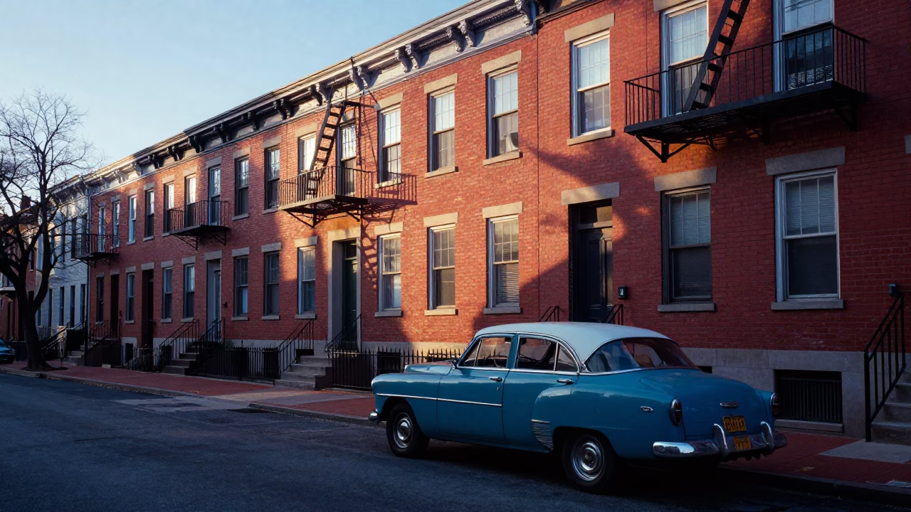 Early Morning Philadelphia Street Scene with Vintage 1950s Architecture and City Life in in Philadelphia, Pennsylvania, United States