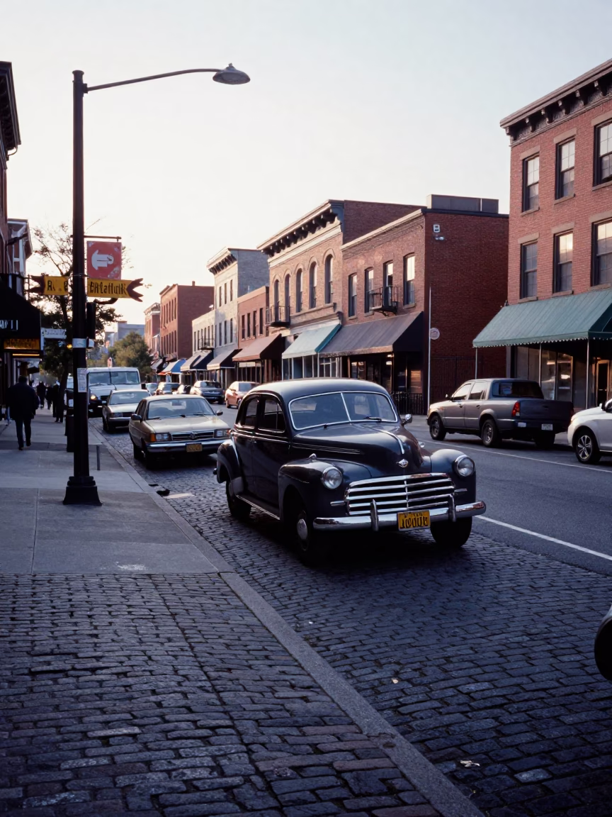 Early Morning Philadelphia Street Scene with Vintage Cars and Pedestrians Near Market Street in in Philadelphia, Pennsylvania, United States