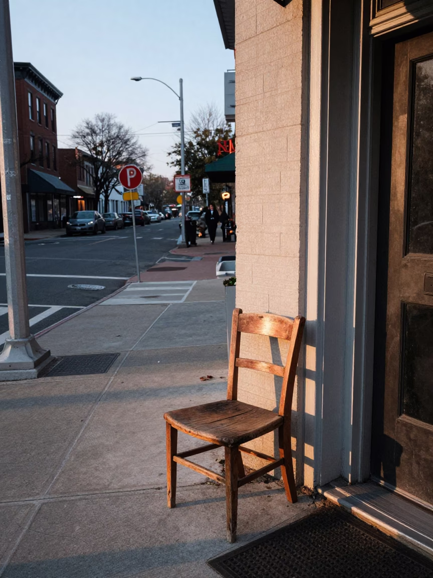 Early Morning Philadelphia Street Scene with Vintage Chair and Coffee Cups in in Philadelphia, Pennsylvania, United States