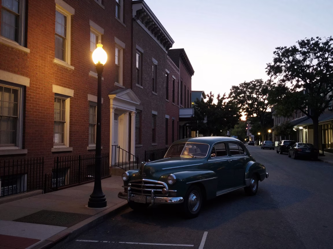 Early Morning Philadelphia Street Scene with Vintage Sedan and City Infrastructure in in Philadelphia, Pennsylvania, United States